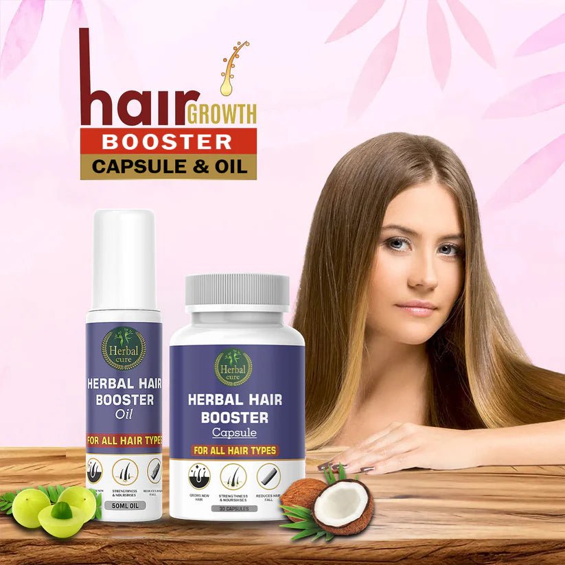 Combo of Herbal Hair Booster Oil and Capsule - For Men and Women - Herbal Cure