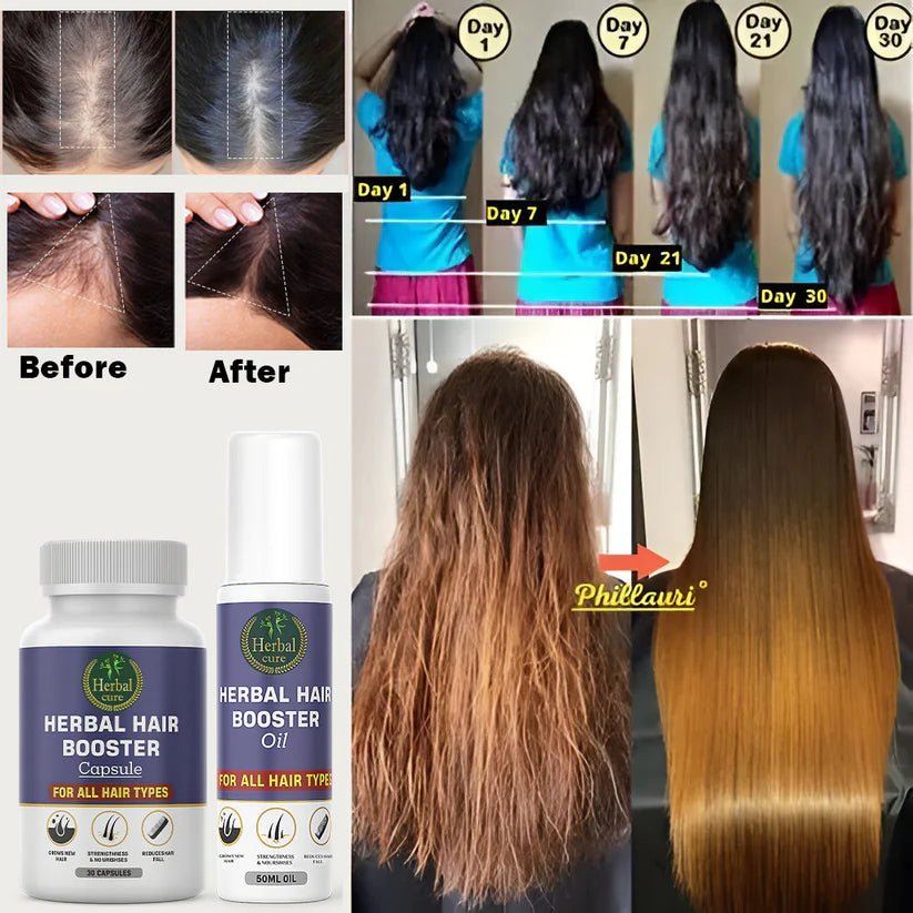 Combo of Herbal Hair Booster Oil and Capsule - For Men and Women - Herbal Cure