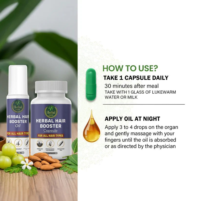 Combo of Herbal Hair Booster Oil and Capsule - For Men and Women - Herbal Cure