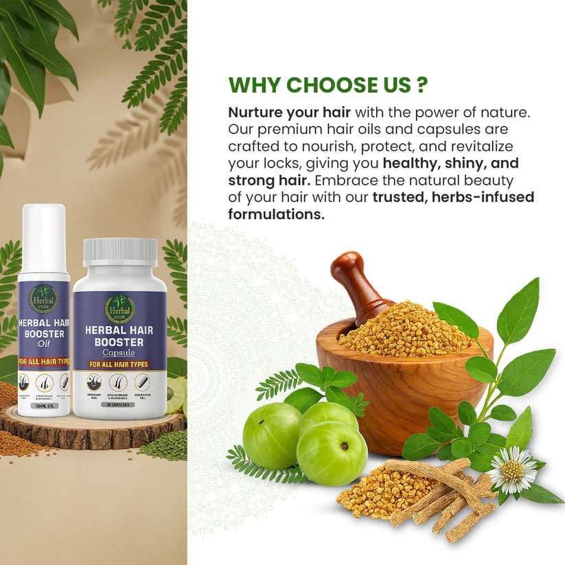 Combo of Herbal Hair Booster Oil and Capsule - For Men and Women - Herbal Cure